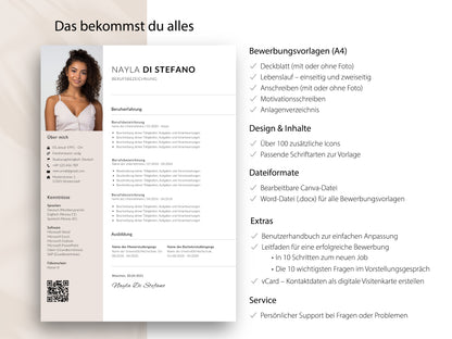 Übersicht des 9-seitigen Full Bewerbung-Sets mit Lebenslauf-Vorlage, Anschreiben und Extras für Canva und Word.