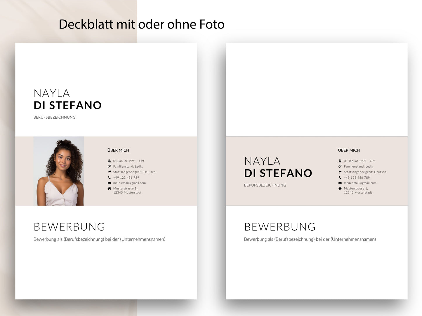 Modernes Deckblatt mit und ohne Foto als Teil der 9-seitigen Lebenslauf-Vorlage für Word und Canva.