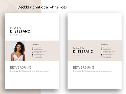 Modernes Deckblatt mit und ohne Foto als Teil der 9-seitigen Lebenslauf-Vorlage für Word und Canva.