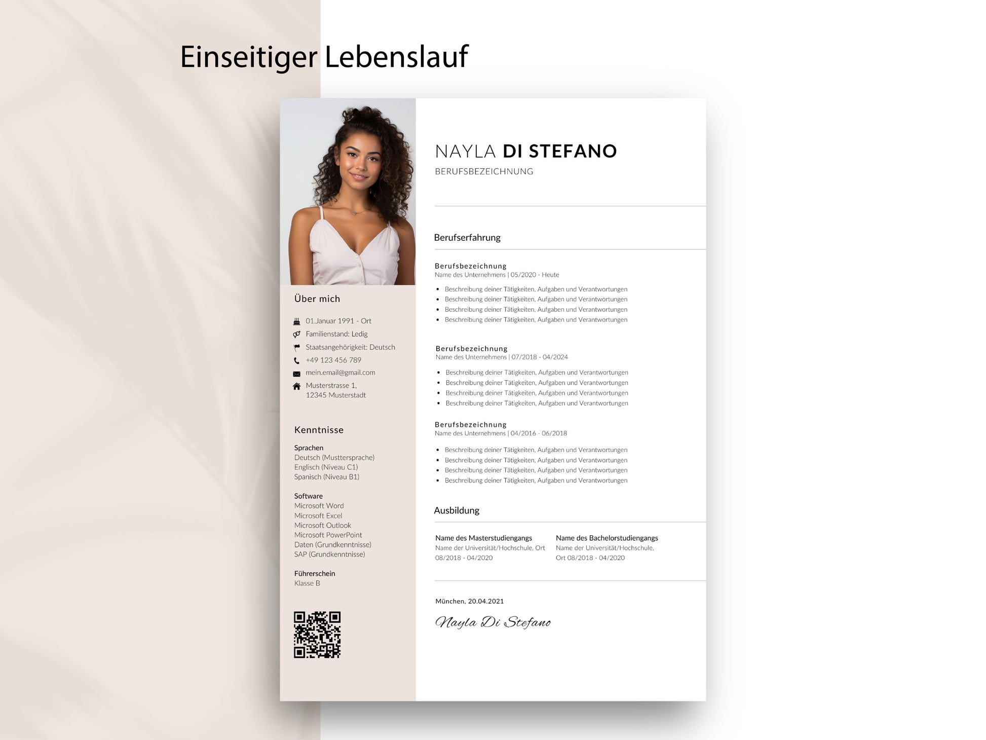 Einseitiger Lebenslauf als Canva- und Word-Vorlage aus dem 9-seitigen Bewerbung-Set für einen strukturierten CV.