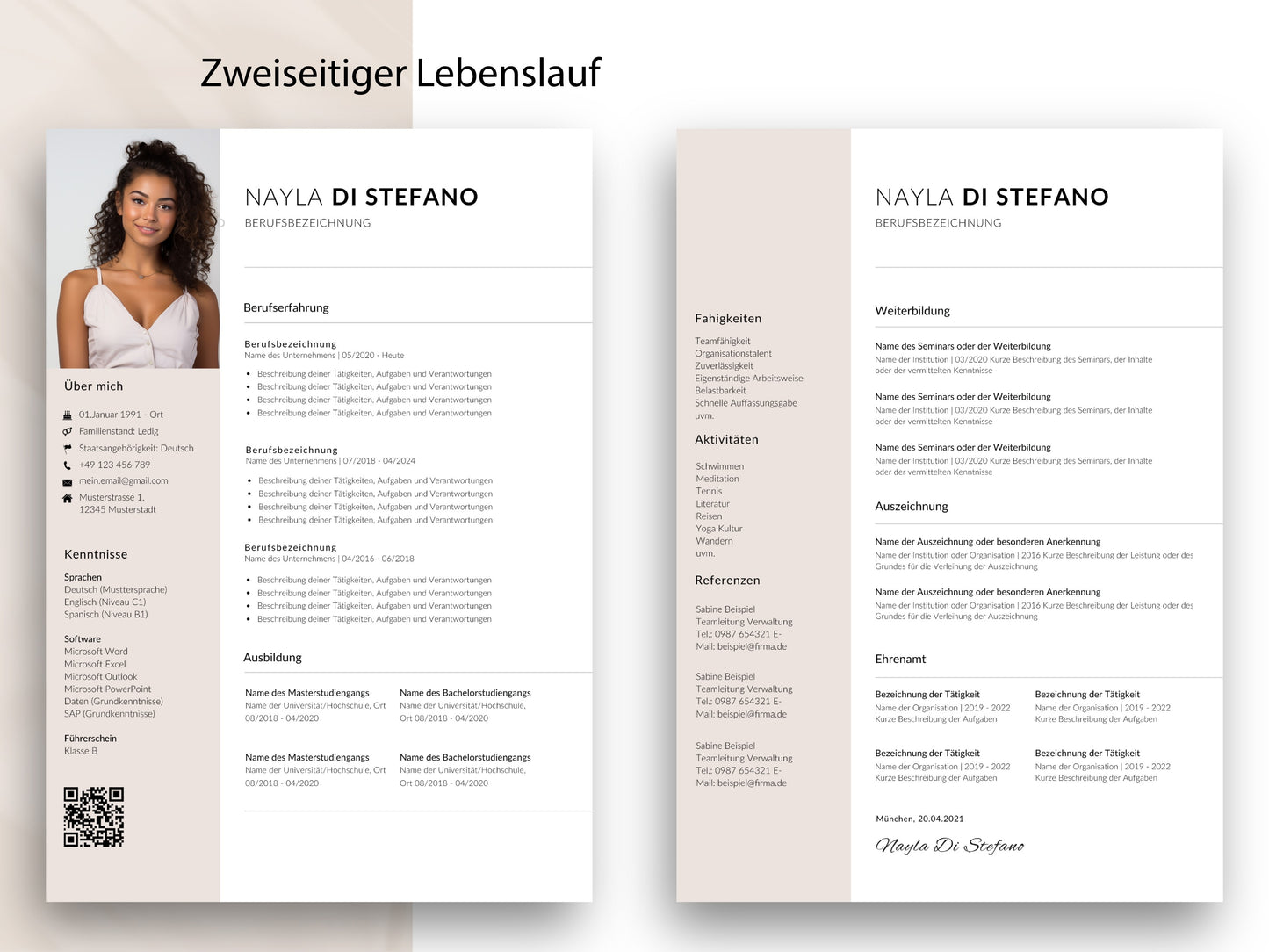 Zweiseitige Lebenslauf Vorlage für Word und Canva als Teil des 9-seitigen Sets für eine professionelle Bewerbung.