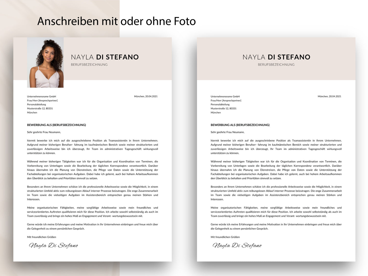 Professionelles Anschreiben mit und ohne Foto als Teil der 9-seitigen Canva und Word Vorlage für Ihre Bewerbung.