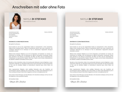 Professionelles Anschreiben mit und ohne Foto als Teil der 9-seitigen Canva und Word Vorlage für Ihre Bewerbung.