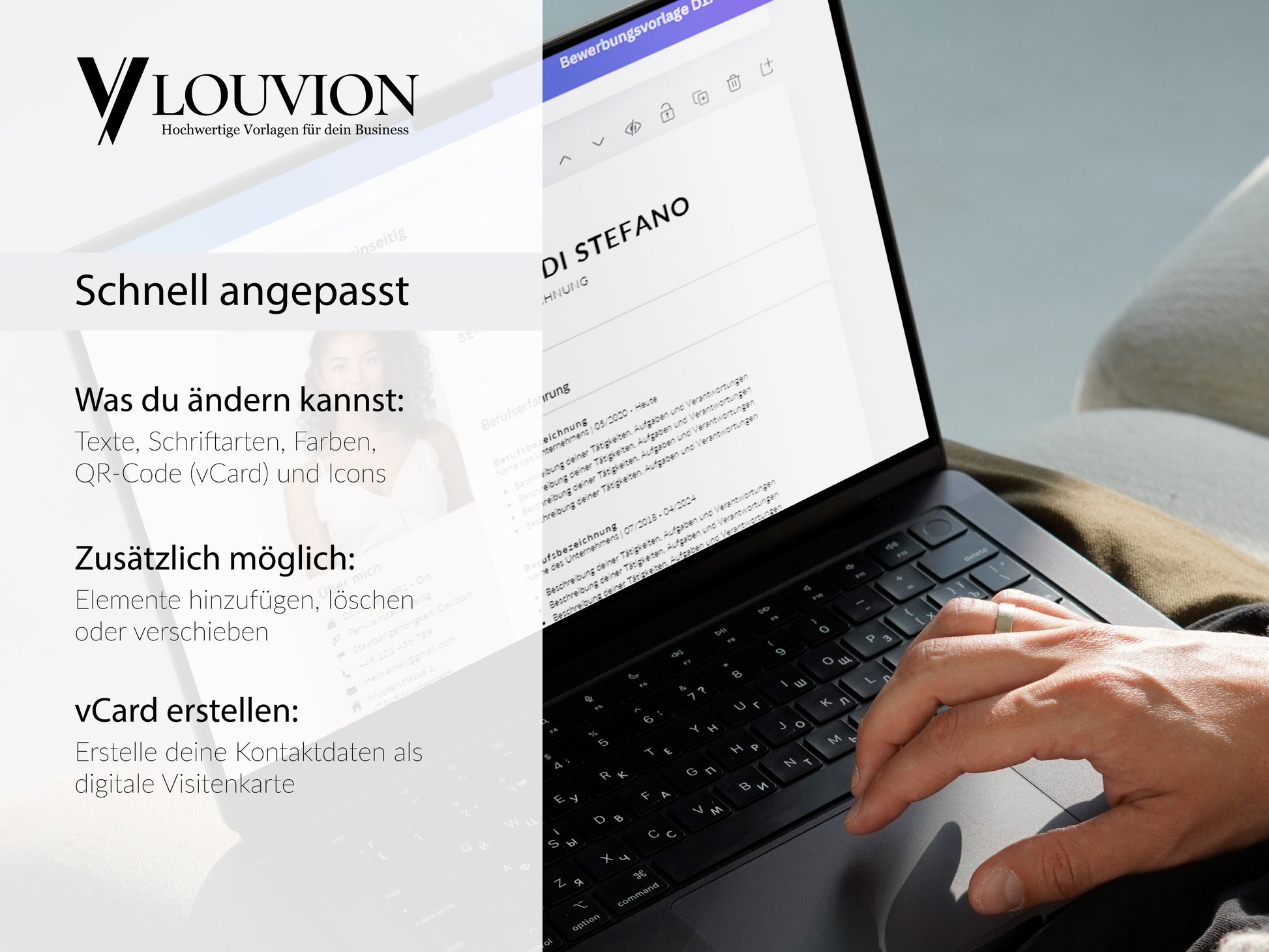 Einfache Bearbeitung der 9-seitigen Lebenslauf-Vorlage in Canva und Word inklusive digitaler vCard-Funktion.