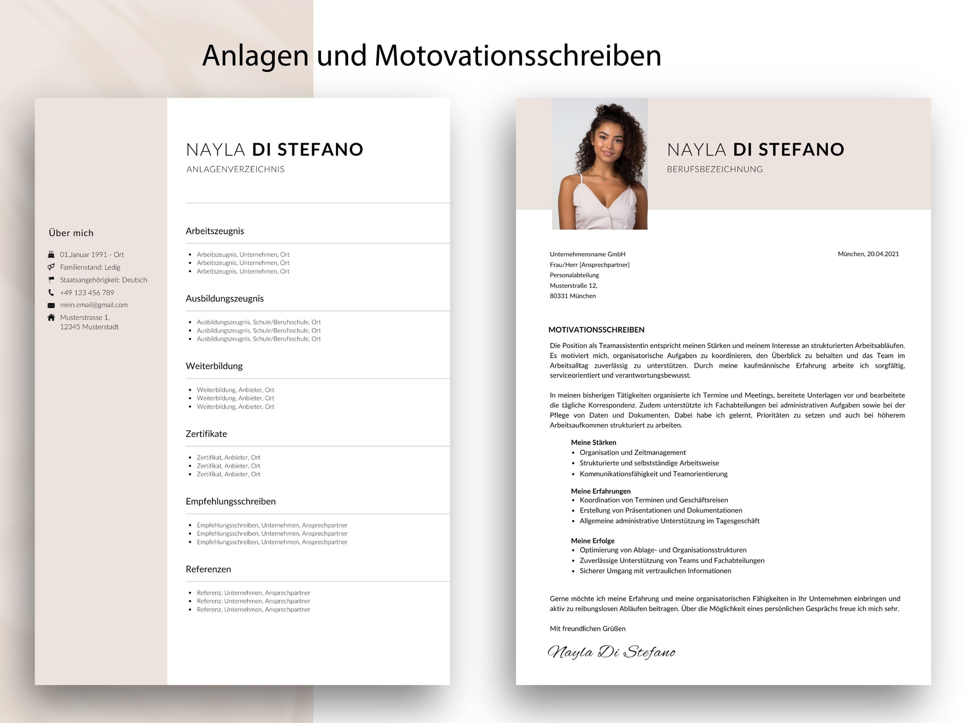 Motivationsschreiben und Anlagenverzeichnis als Teil der 9-seitigen Lebenslauf-Vorlage für Canva und Word.