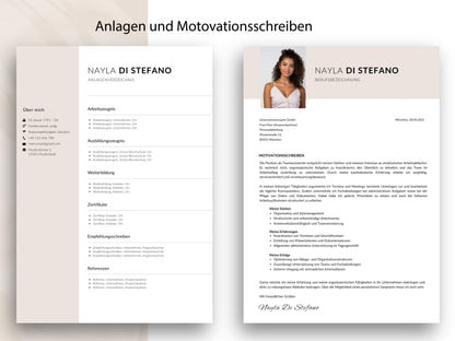 Motivationsschreiben und Anlagenverzeichnis als Teil der 9-seitigen Lebenslauf-Vorlage für Canva und Word.