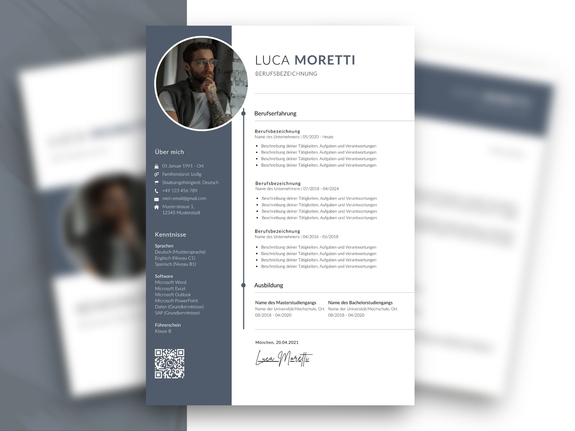 Moderne Lebenslauf-Vorlage auf Deutsch für Word und Canva mit strukturiertem Layout und Platz für ein Bewerbungsfoto.