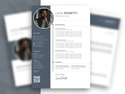 Moderne Lebenslauf-Vorlage auf Deutsch für Word und Canva mit strukturiertem Layout und Platz für ein Bewerbungsfoto.