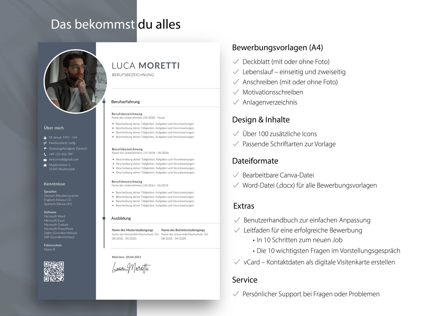 Umfangreiches Bewerbungsvorlagen-Set auf Deutsch für Word und Canva inklusive Lebenslauf, Anschreiben, Icons und Guides.