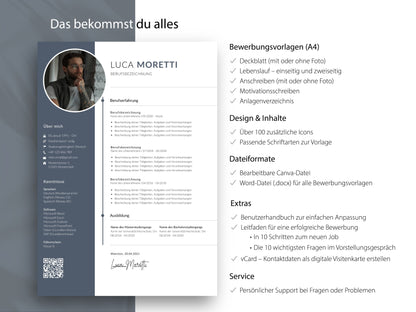 Umfangreiches Bewerbungsvorlagen-Set auf Deutsch für Word und Canva inklusive Lebenslauf, Anschreiben, Icons und Guides.