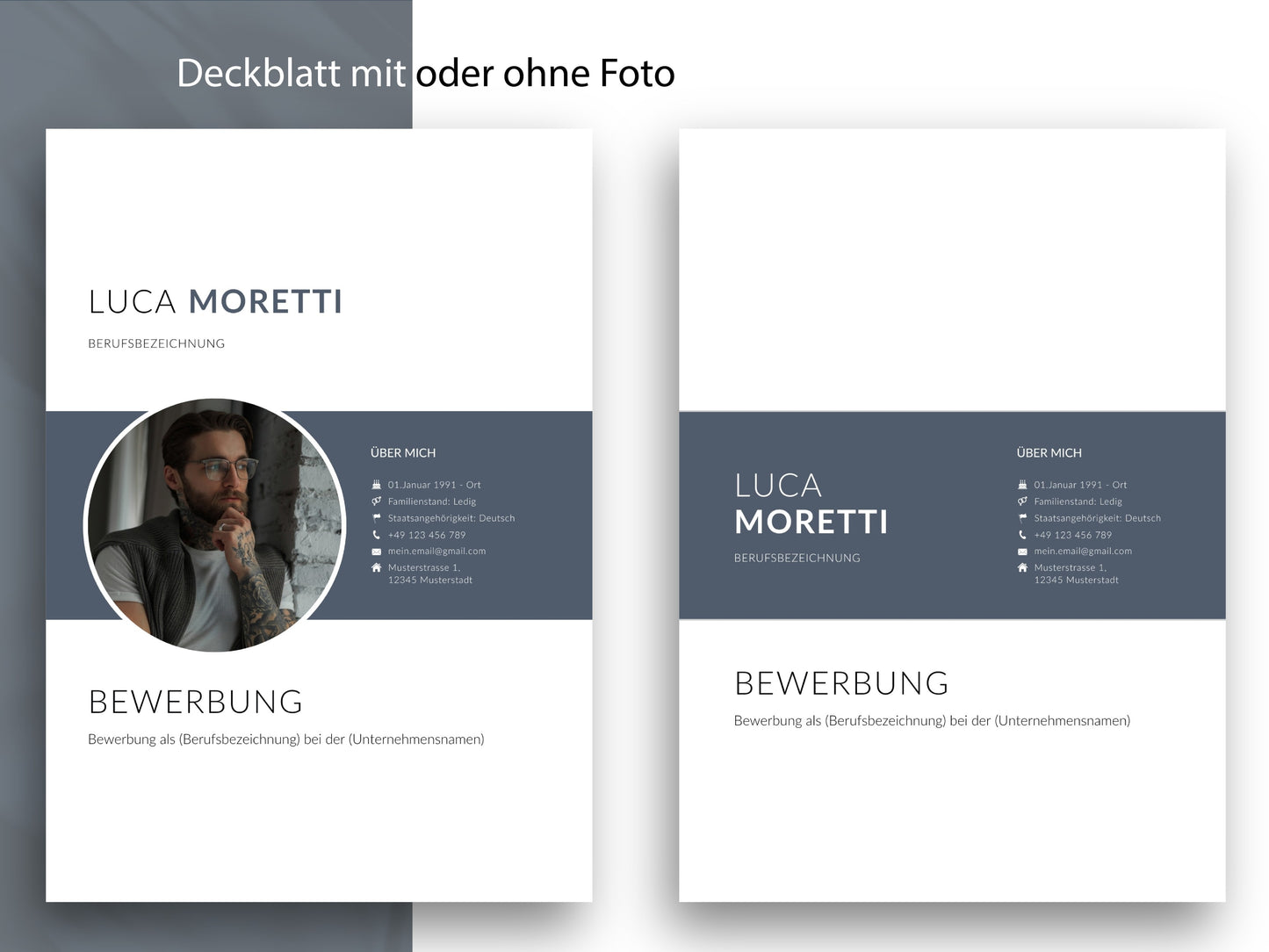 Modernes Deckblatt für die Bewerbungsvorlage in Word und Canva, wahlweise mit oder ohne Bewerbungsfoto gestaltbar.