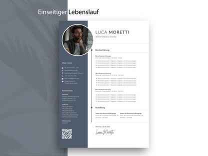 Einseitige Lebenslauf-Vorlage in modernem Deutsch für Word und Canva mit klarer Struktur für Berufserfahrung und Skills.