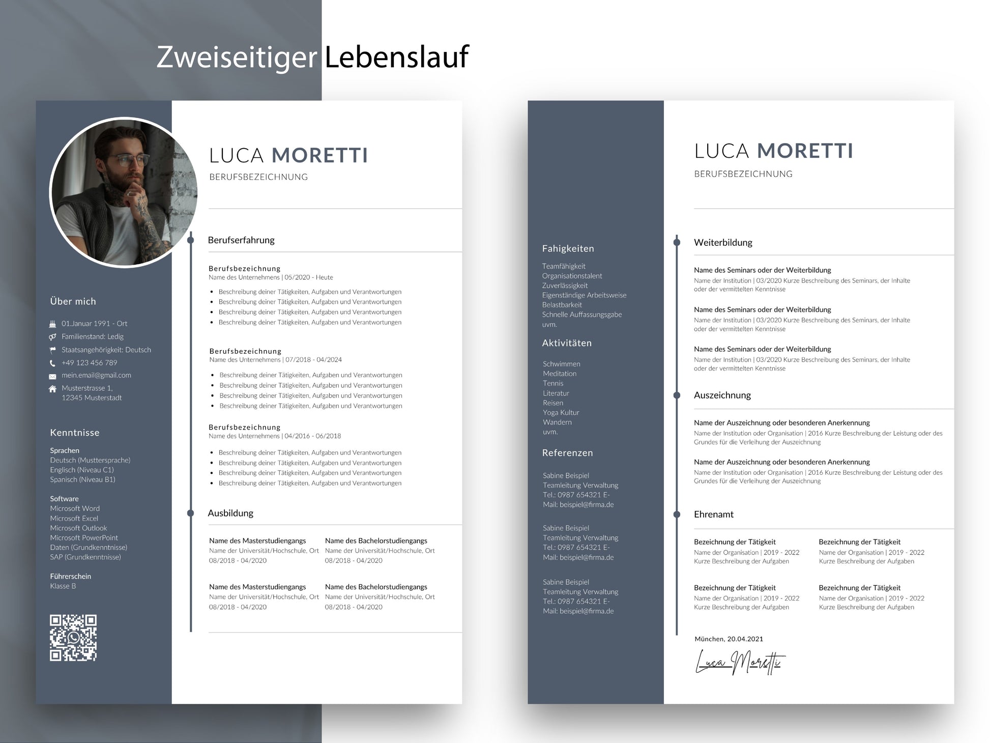 Zweiseitige Lebenslauf-Vorlage auf Deutsch für Word und Canva, ideal für umfangreiche Berufserfahrung und Qualifikationen.