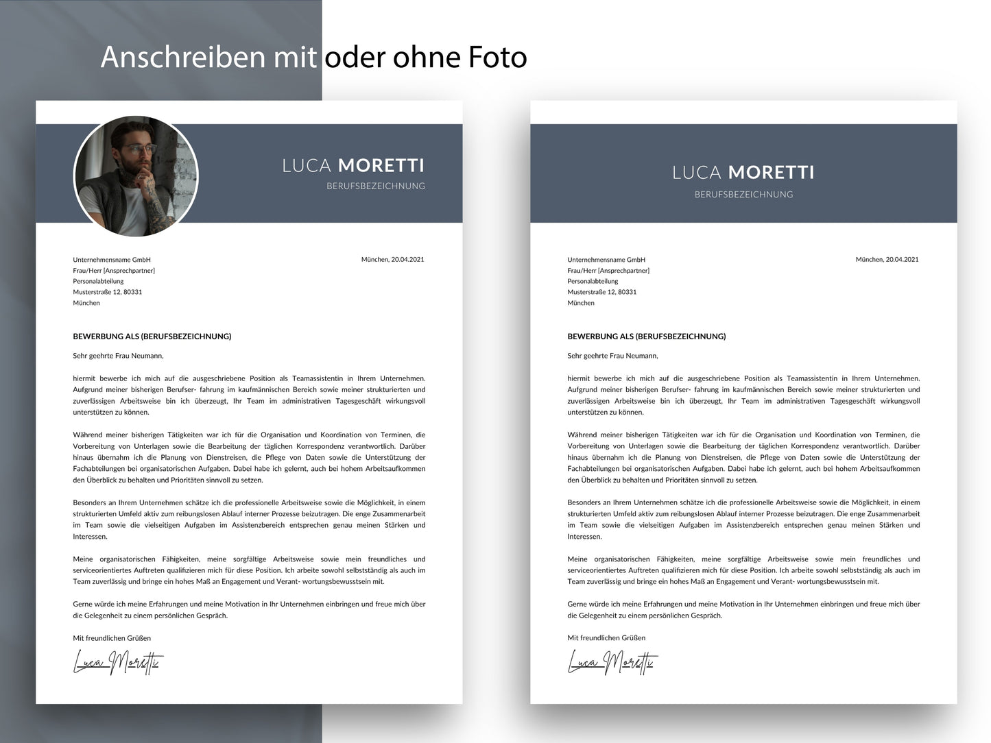 Professionelle Anschreiben-Vorlage für Word und Canva im modernen Design, flexibel mit oder ohne Foto gestaltbar.