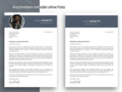 Professionelle Anschreiben-Vorlage für Word und Canva im modernen Design, flexibel mit oder ohne Foto gestaltbar.