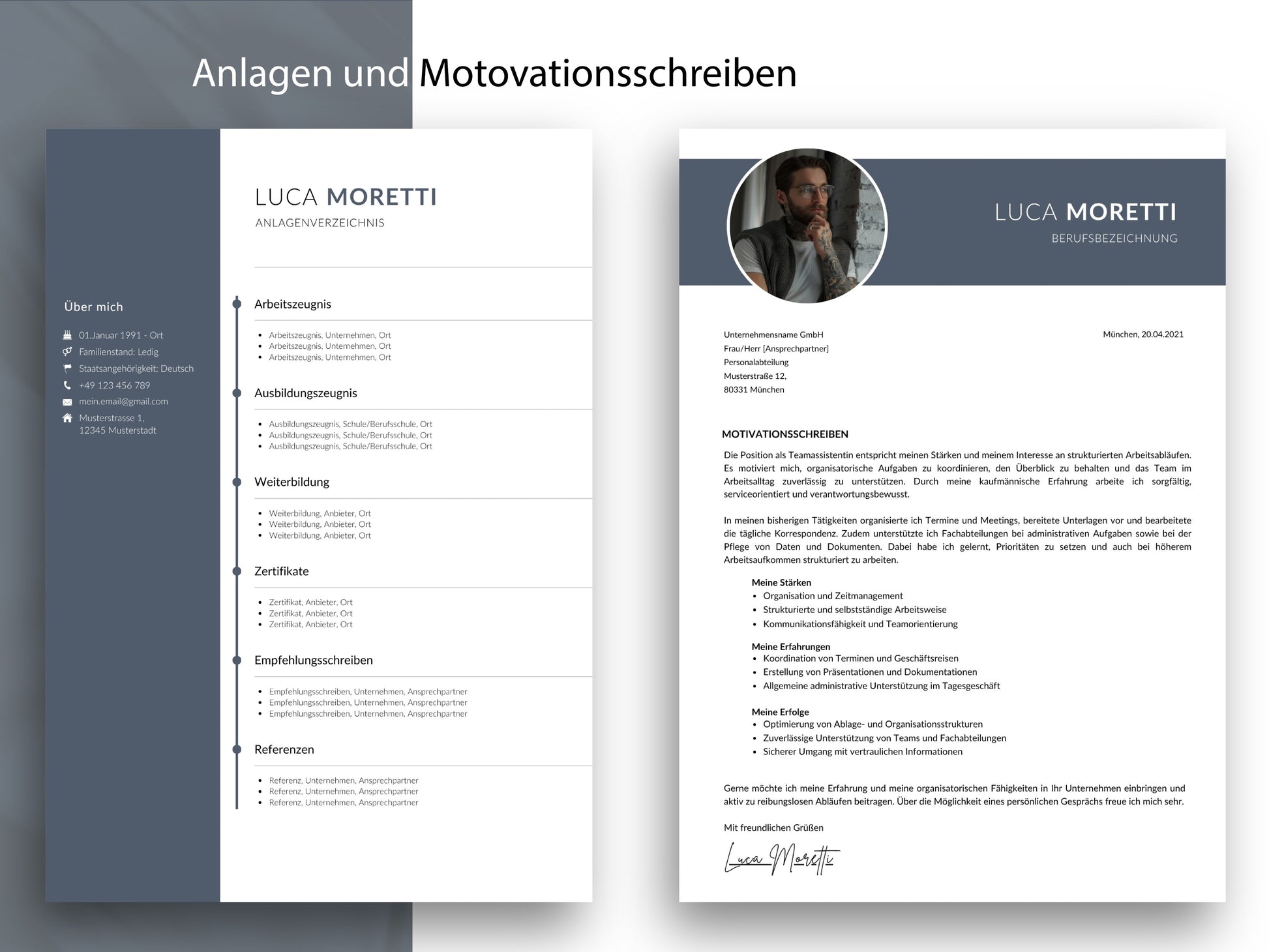 Passendes Motivationsschreiben und Anlagenverzeichnis im modernen Design für die Bewerbungsvorlage in Word und Canva.