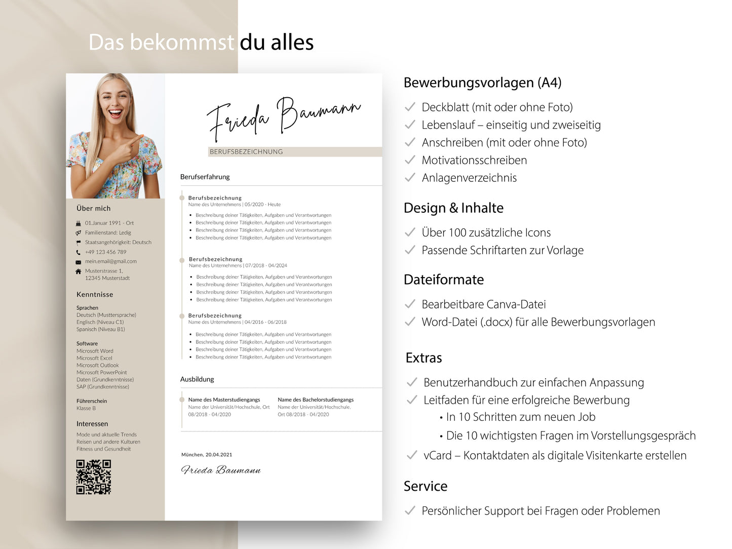 Übersicht des 9-seitigen Bewerbung-Sets mit Lebenslauf-Vorlage, Anschreiben und Extras für Word und Canva.