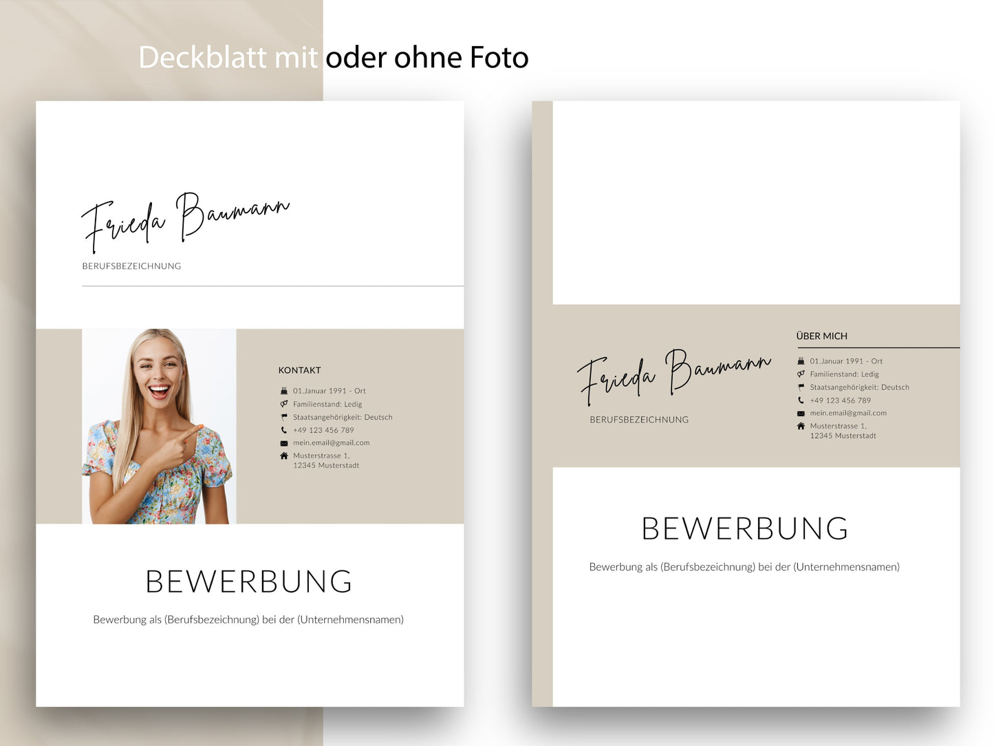 Professionelles Deckblatt der Bewerbung-Vorlage mit und ohne Foto, Teil des 9-seitigen Sets für Word und Canva.