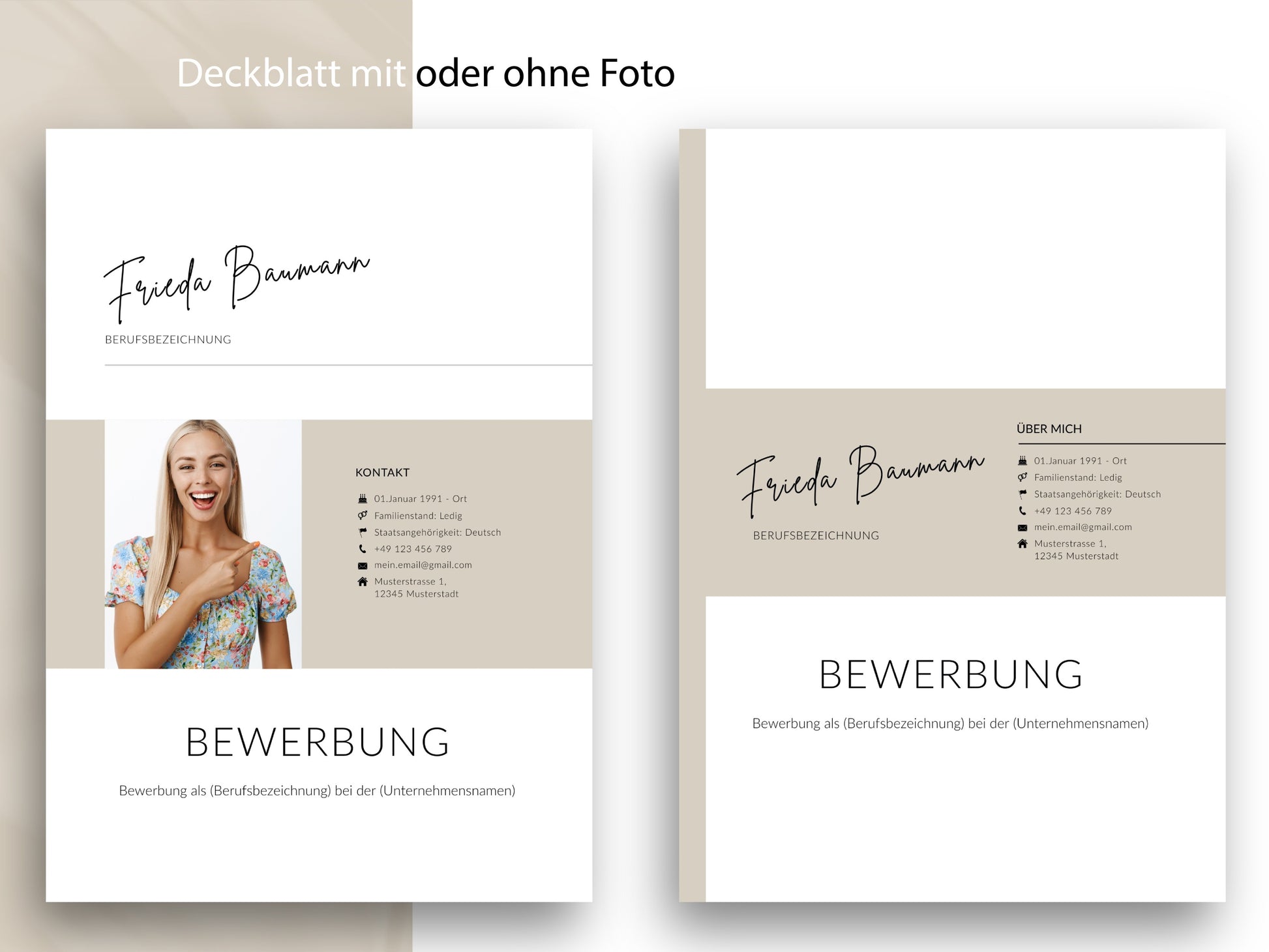 Professionelles Deckblatt der Bewerbung-Vorlage mit und ohne Foto, Teil des 9-seitigen Sets für Word und Canva.