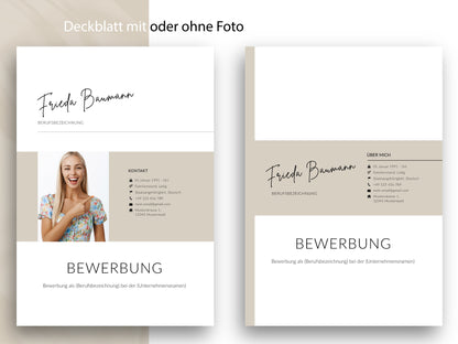 Professionelles Deckblatt der Bewerbung-Vorlage mit und ohne Foto, Teil des 9-seitigen Sets für Word und Canva.