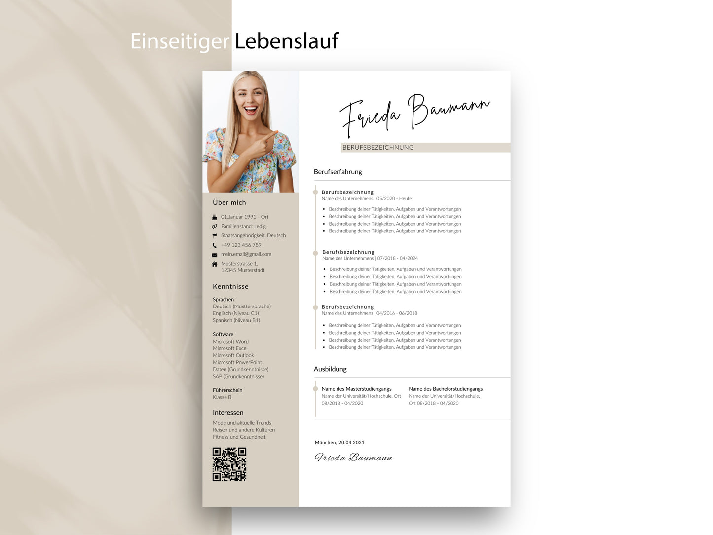 Einseitige Lebenslauf-Vorlage im modernen Design, flexibel editierbar in Word und Canva für eine professionelle Bewerbung.
