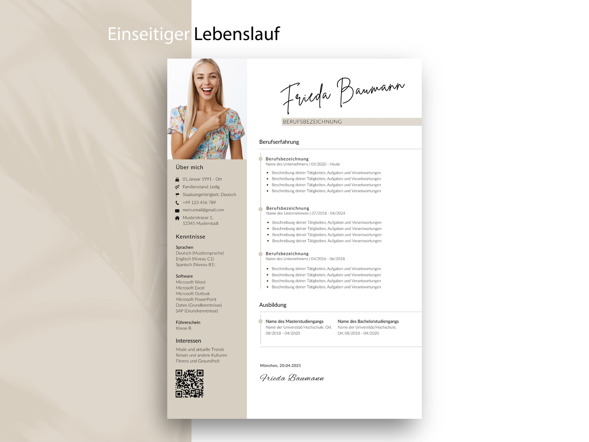 Einseitige Lebenslauf-Vorlage im modernen Design, flexibel editierbar in Word und Canva für eine professionelle Bewerbung.