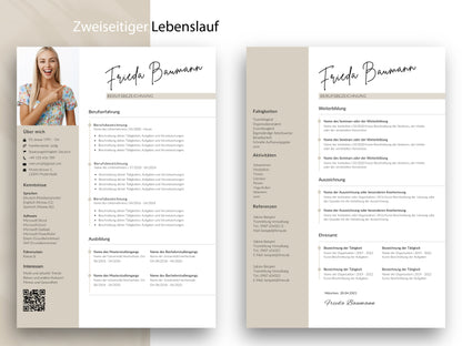 Zweiseitige Lebenslauf-Vorlage für mehr Details, Teil des editierbaren 9-seitigen Bewerbung-Sets in Word und Canva.