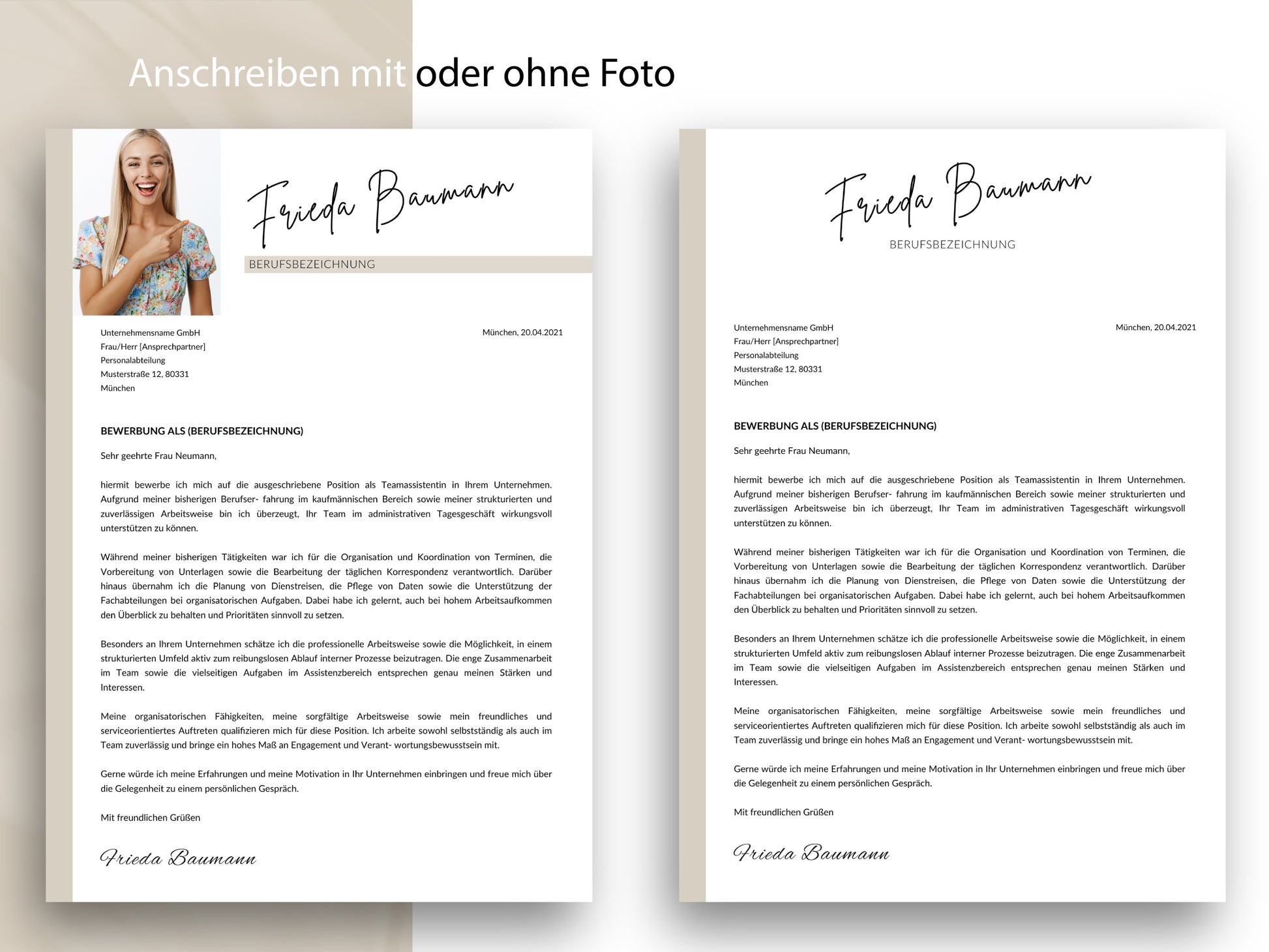 Professionelle Vorlage für ein Anschreiben mit und ohne Foto, passend zum 9-seitigen Bewerbung-Set für Word und Canva.