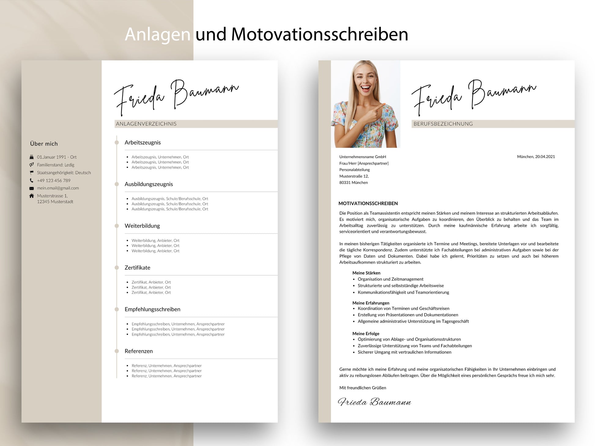 Vorlagen für Motivationsschreiben und Anlagenverzeichnis, Teil des 9-seitigen Bewerbung-Sets für Word und Canva.