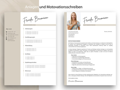 Vorlagen für Motivationsschreiben und Anlagenverzeichnis, Teil des 9-seitigen Bewerbung-Sets für Word und Canva.