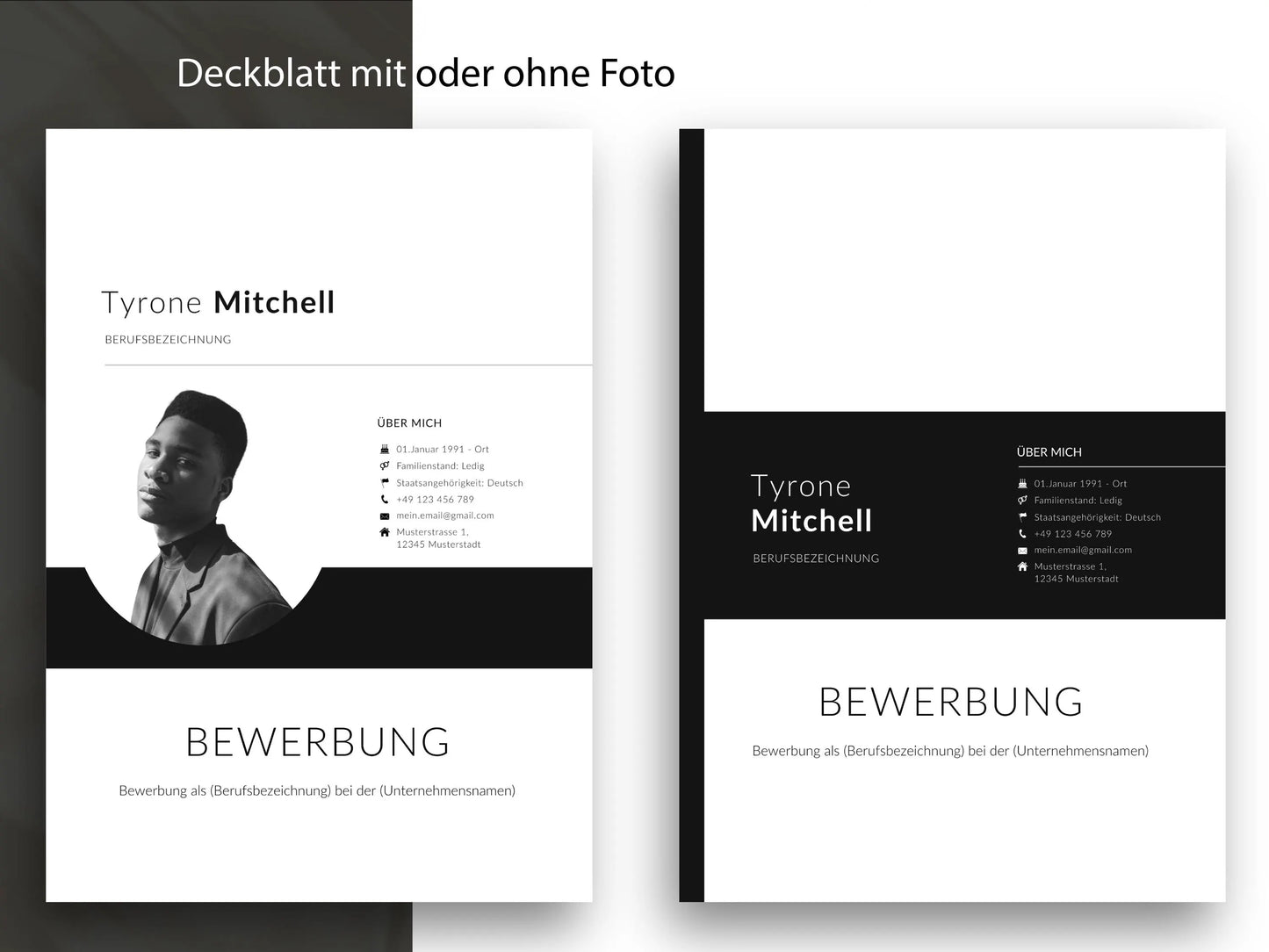 Professionelle Deckblatt-Vorlage für die Bewerbung als Word- und Canva-Datei, wahlweise mit oder ohne Foto gestaltbar.