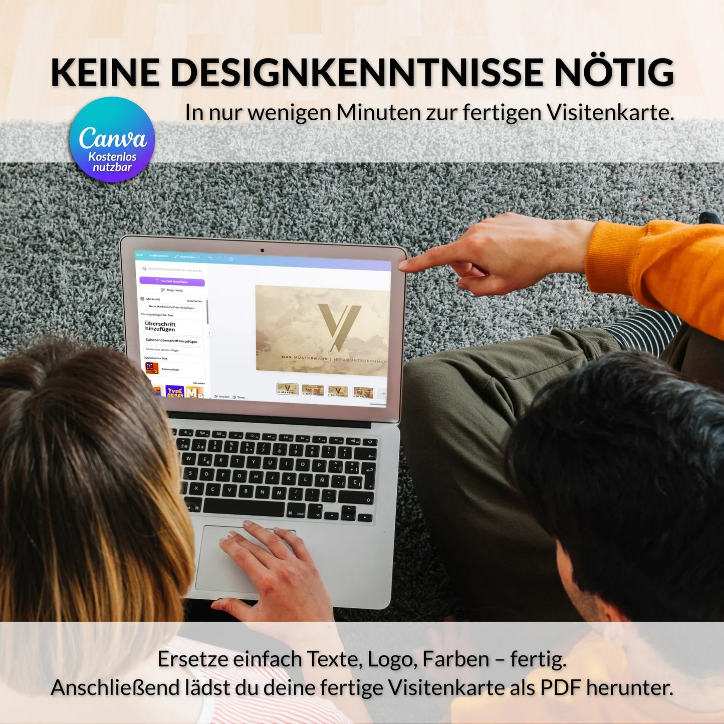 Boho Visitenkarten Vorlage in Canva beim Bearbeiten am Laptop, individuell anpassbar mit eigenem Logo, Texten und Farben – Louvion.de