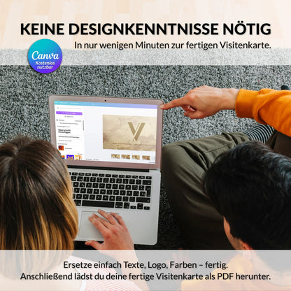 Boho Visitenkarten Vorlage in Canva beim Bearbeiten am Laptop, individuell anpassbar mit eigenem Logo, Texten und Farben – Louvion.de