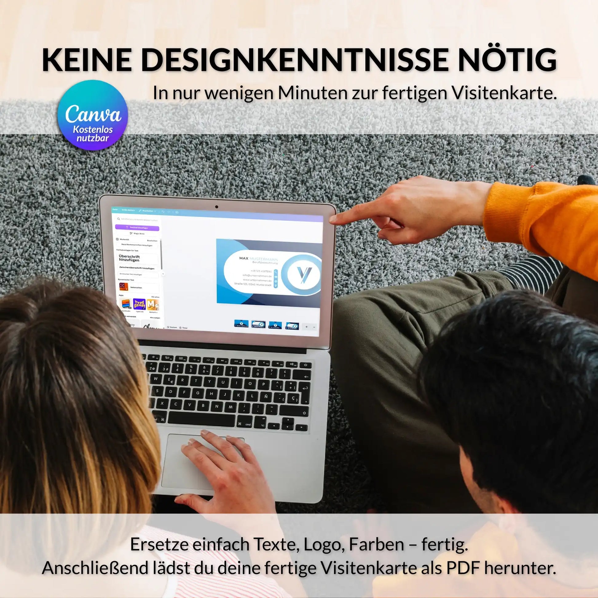 Canva Visitenkarten Vorlage in Blau beim Bearbeiten am Laptop – personalisierbares Design mit Logo, Farben und Texten ohne Designkenntnisse – Louvion.de