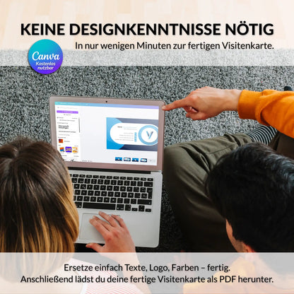 Canva Visitenkarten Vorlage in Blau beim Bearbeiten am Laptop – personalisierbares Design mit Logo, Farben und Texten ohne Designkenntnisse – Louvion.de