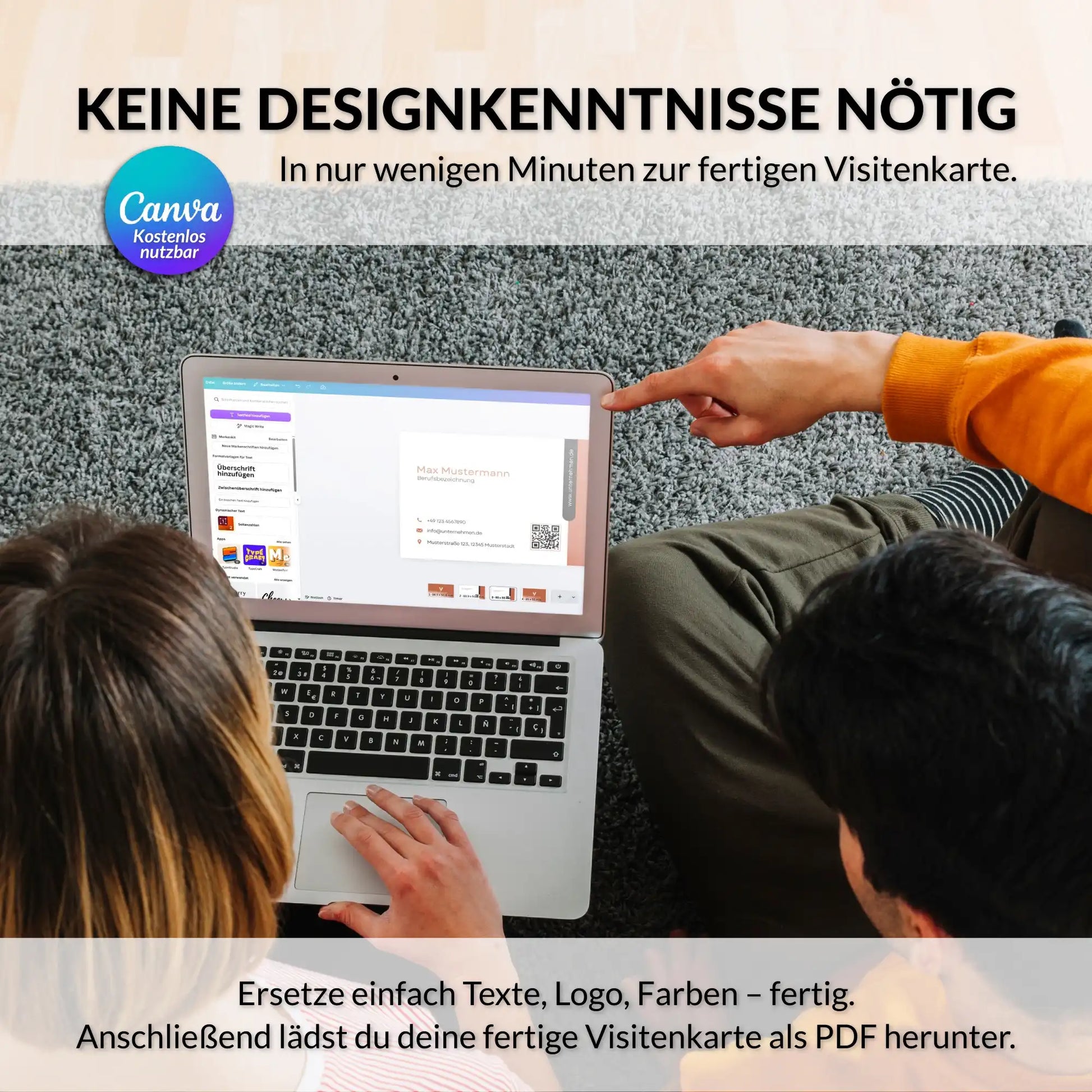 Canva Visitenkarten Vorlage in Terrakotta am Laptop bearbeiten – personalisierbares Design mit QR-Code, Logo und einfacher Anpassung ohne Designkenntnisse für Europa und USA/Kanada – Louvion.de