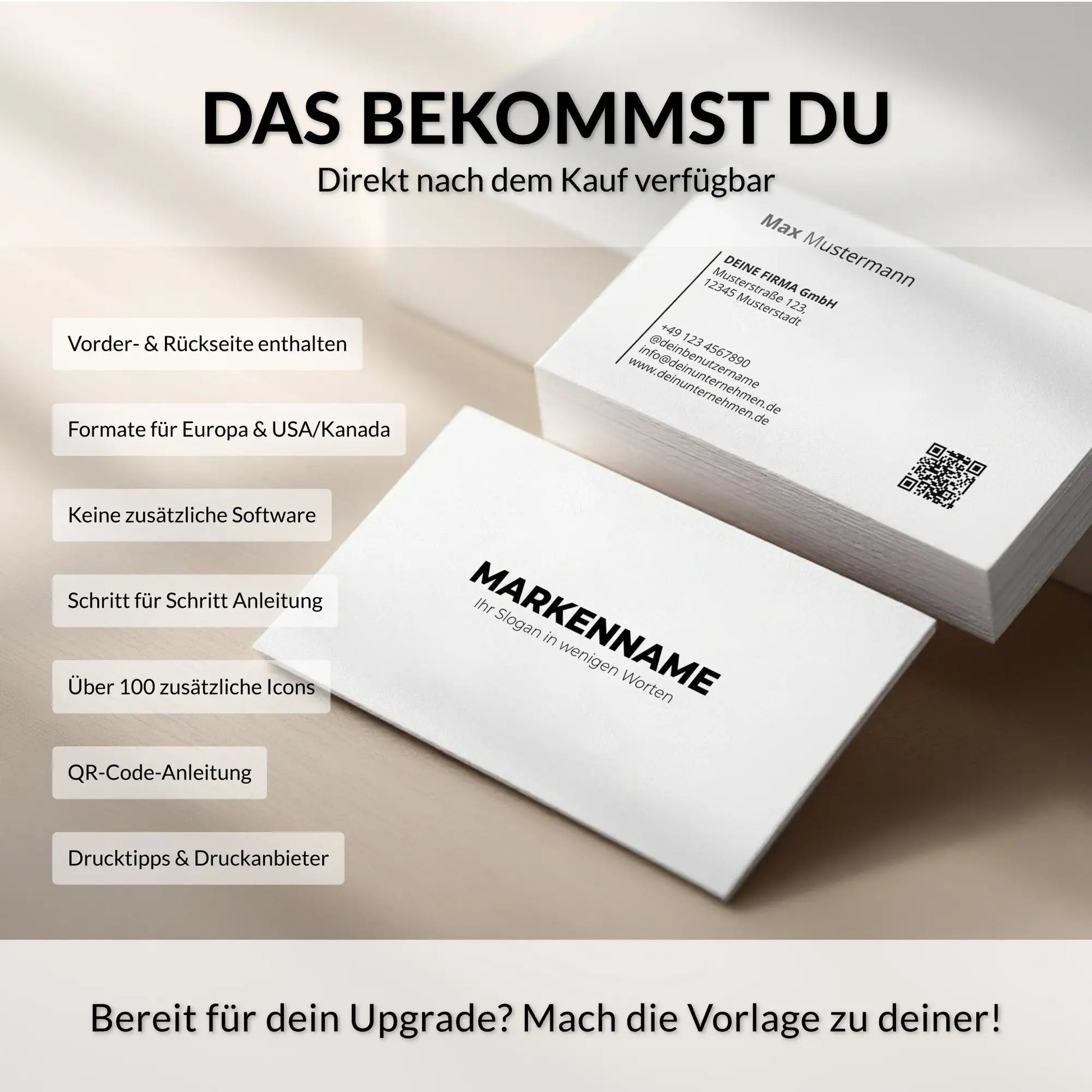 Canva Visitenkarten Vorlage mit Vorder- und Rückseite, QR-Code, Schritt-für-Schritt-Anleitung und zwei Druckformaten für Europa sowie USA und Kanada – Louvion.de