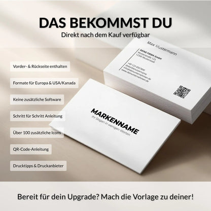 Canva Visitenkarten Vorlage mit Vorder- und Rückseite, QR-Code, Schritt-für-Schritt-Anleitung und zwei Druckformaten für Europa sowie USA und Kanada – Louvion.de