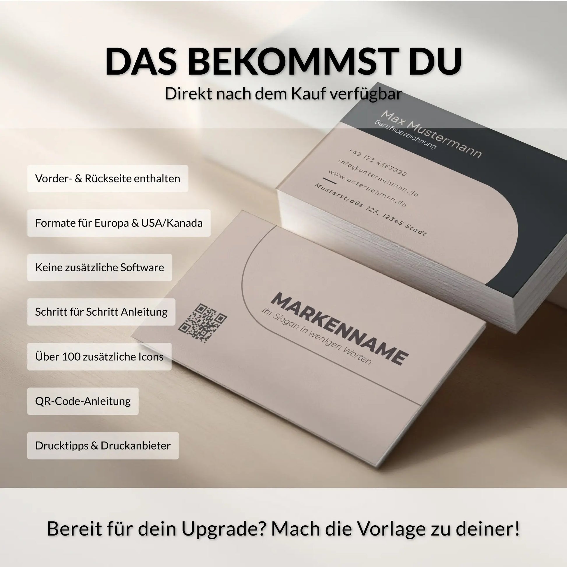 Digitale Visitenkarten Vorlage mit Vorder- und Rückseite, QR-Code, Anleitung, Icons und Drucktipps für Canva in Europa und USA/Kanada – Louvion.de