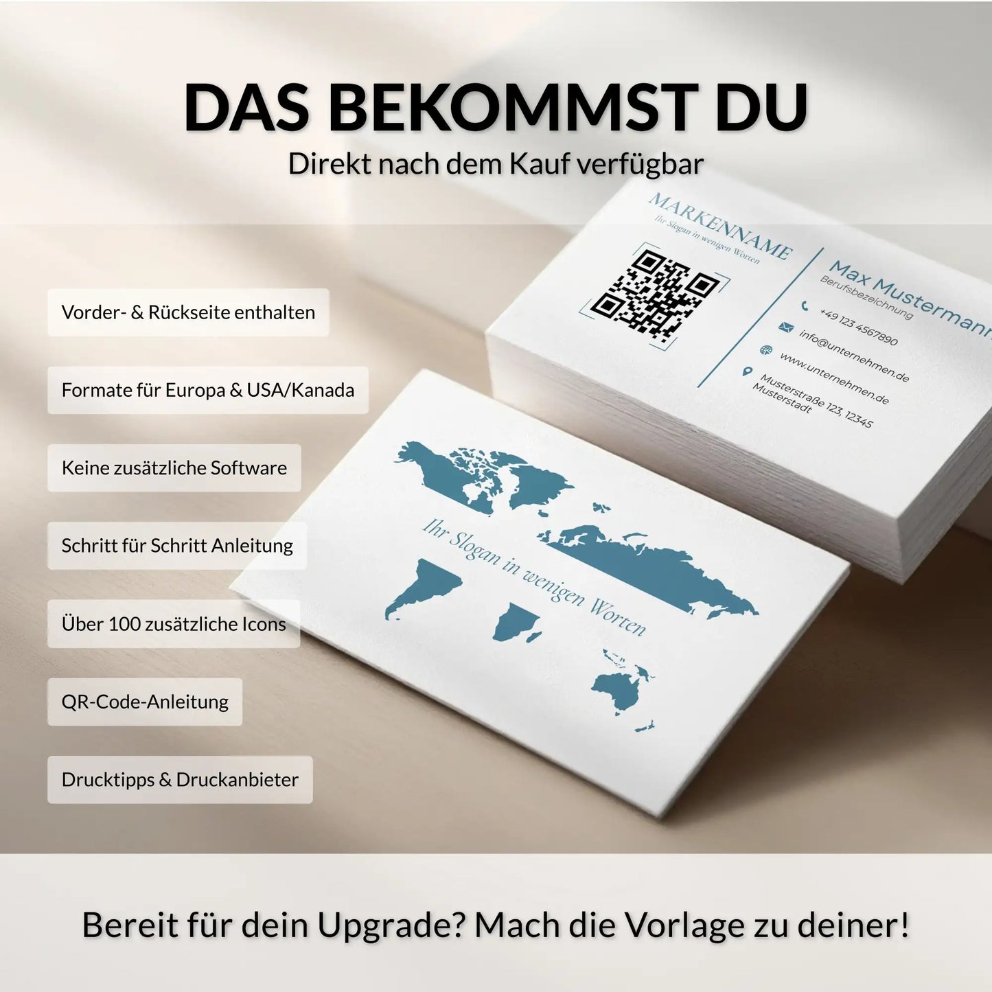 Digitale Visitenkarten Vorlage mit Vorder- und Rückseite, QR-Code, Logo, Drucktipps und Icons, sofort nach dem Kauf in Canva personalisierbar – Louvion.de