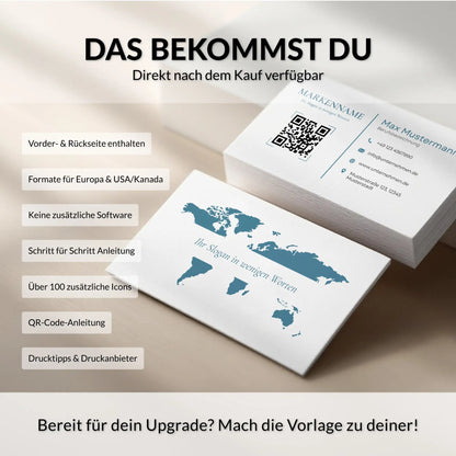 Digitale Visitenkarten Vorlage mit Vorder- und Rückseite, QR-Code, Logo, Drucktipps und Icons, sofort nach dem Kauf in Canva personalisierbar – Louvion.de