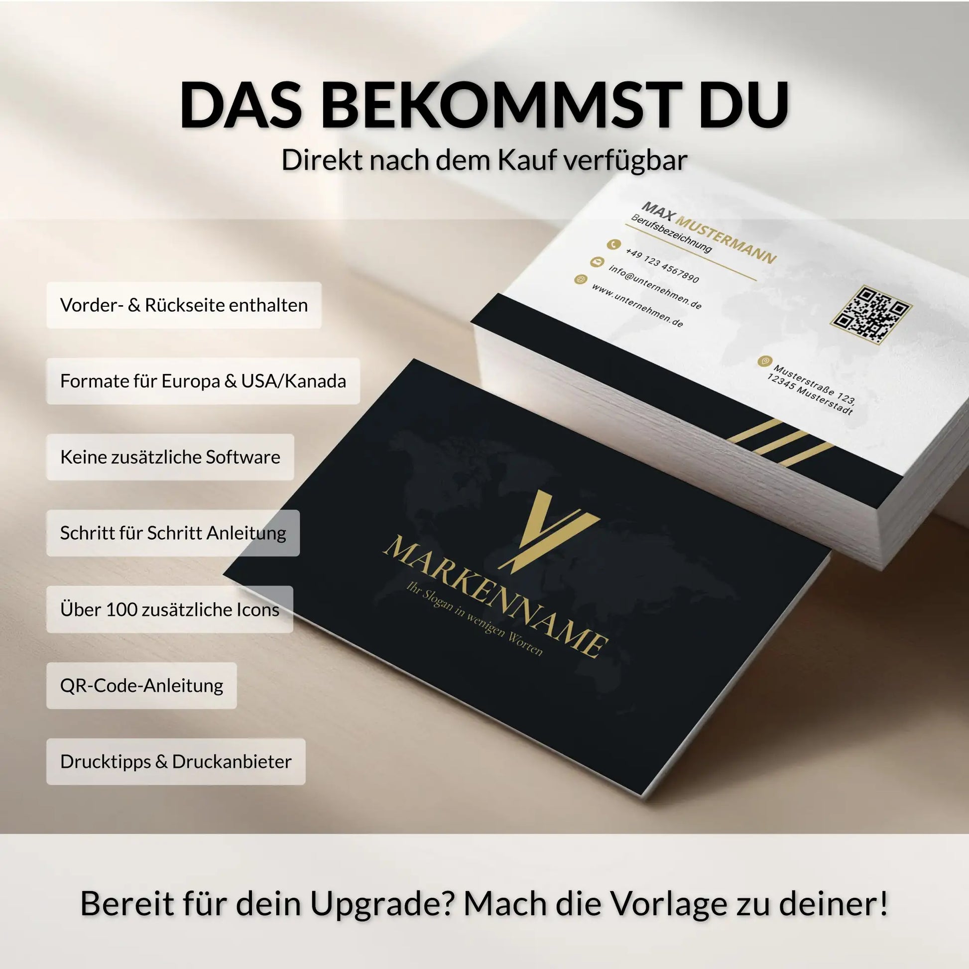 Elegante Visitenkarten Vorlage in Schwarz Gold für Unternehmen mit QR-Code und Logo im professionellen Design – Louvion.de