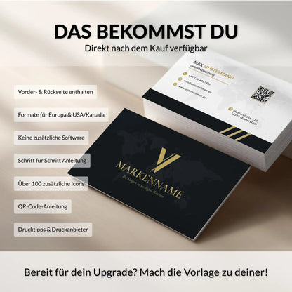 Elegante Visitenkarten Vorlage in Schwarz Gold für Unternehmen mit QR-Code und Logo im professionellen Design – Louvion.de