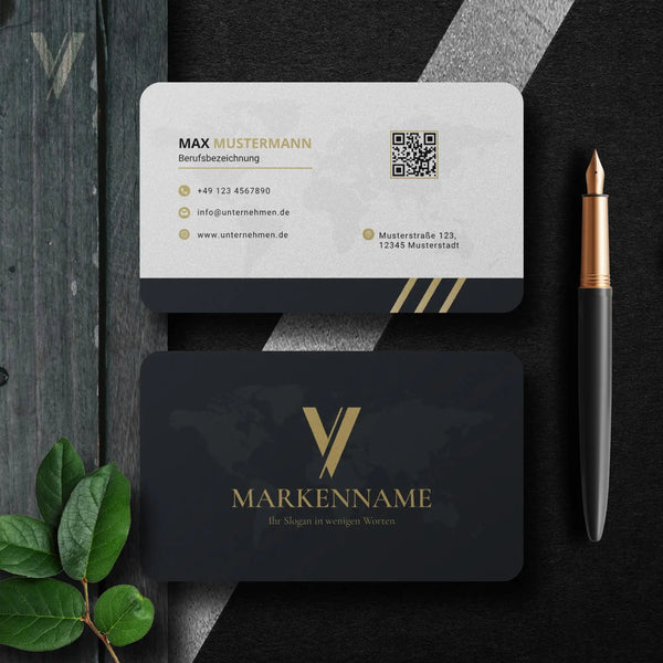 Elegante Visitenkarten Vorlage in Schwarz Gold mit Vorder- und Rückseite sowie QR-Code und Logo auf hochwertigem Design – Louvion.de