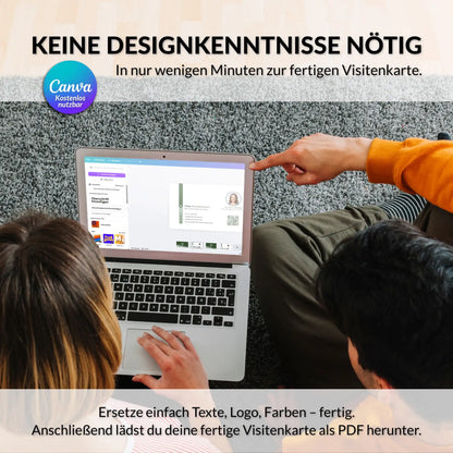 Grüne Visitenkarten Vorlage in Canva auf Laptop bearbeiten – individuelle Anpassung von Texten, Logo, Farben und QR-Code – Louvion.de