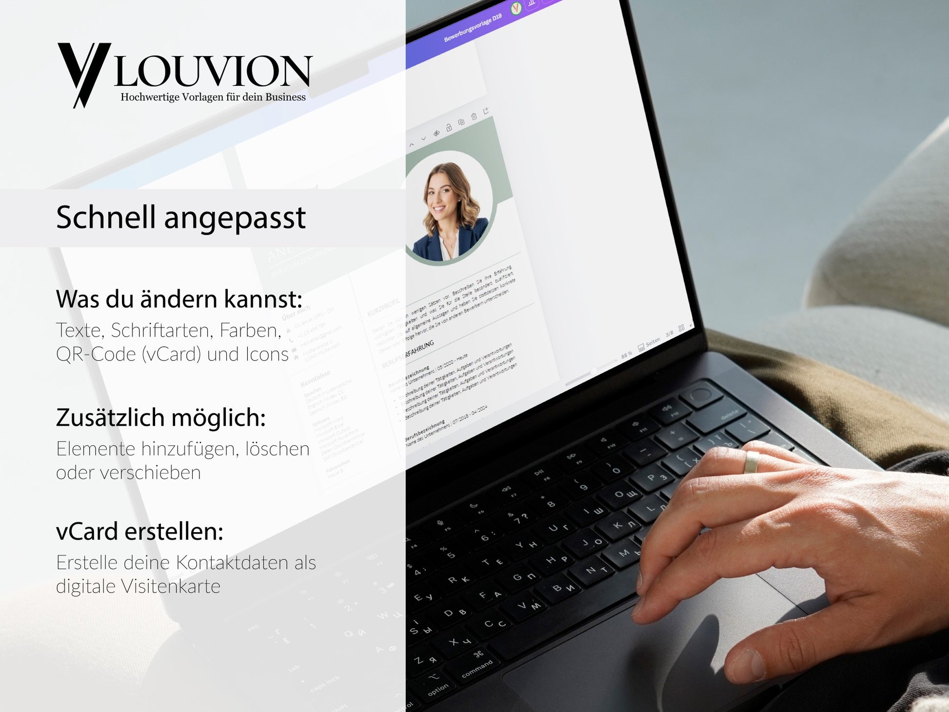 Bearbeitbare moderne salbeigrüne Lebenslauf Vorlage für Word und Canva auf einem Laptop mit individuellen Anpassungsmöglichkeiten – Louvion.de