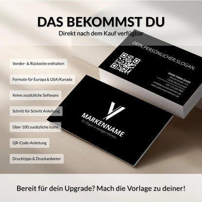 Lieferumfang der Canva Visitenkarten Vorlage mit Vorder- und Rückseite, zwei Formaten, QR-Code-Anleitung, Icons und Drucktipps – Louvion.de