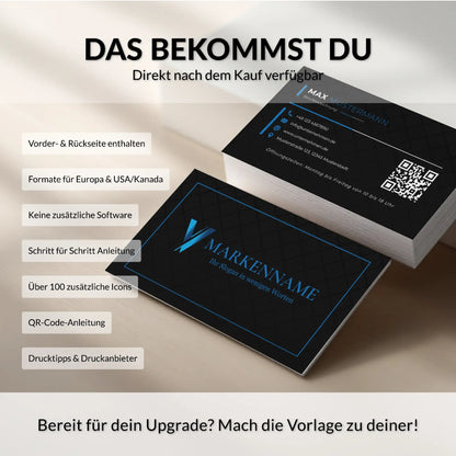 Lieferumfang der Visitenkarten Vorlage für Canva mit Vorder- und Rückseite, 2 Formaten für Europa und USA/Kanada sowie QR-Code-Anleitung | Louvion.de