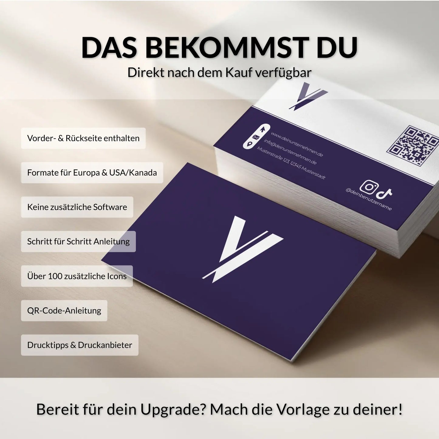 Lieferumfang der Visitenkarten Vorlage in Lila mit Vorder- und Rückseite, QR-Code-Anleitung, Icons sowie Drucktipps für Canva, Louvion.de