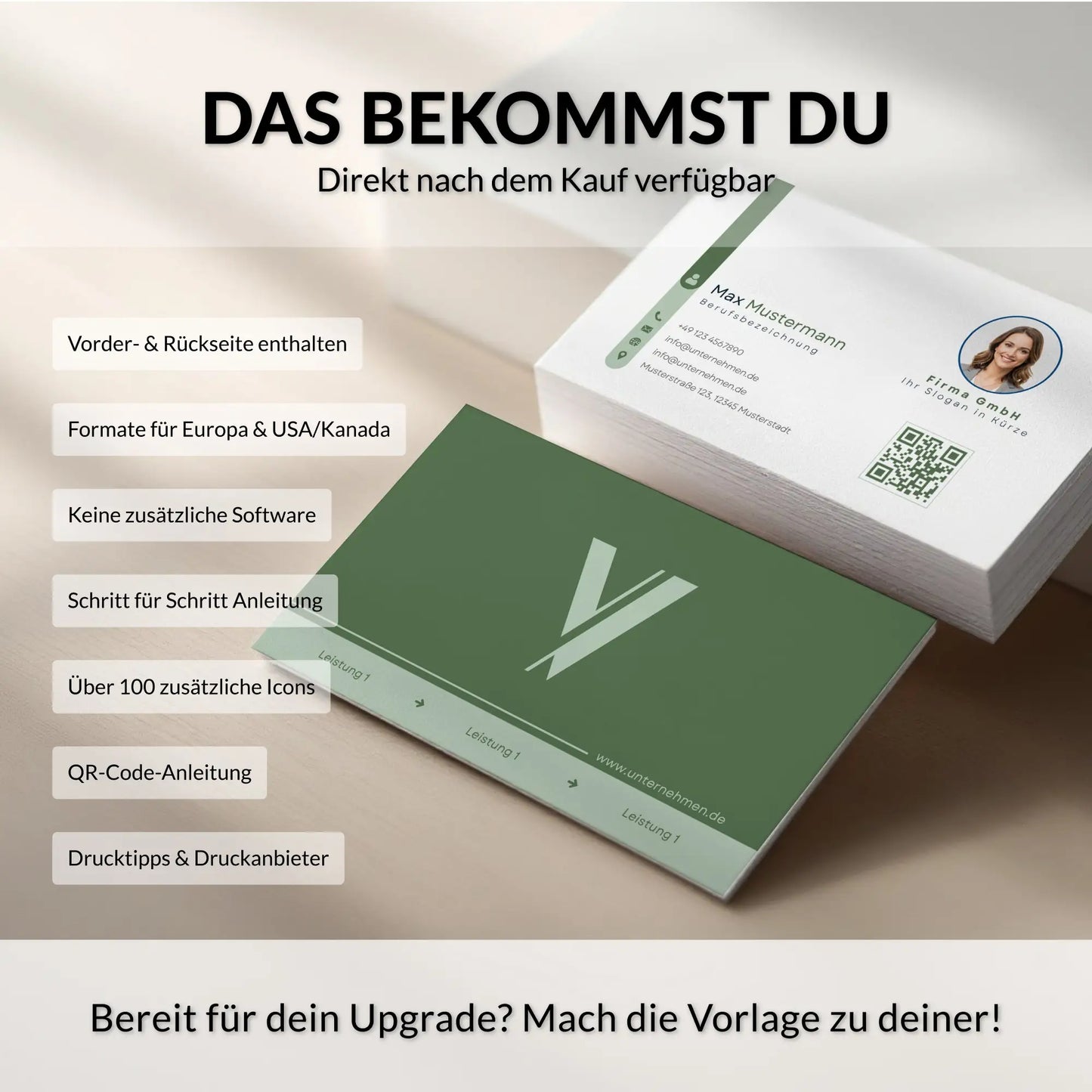 Lieferumfang der Visitenkarten Vorlage mit Vorder- und Rückseite, Formaten für Europa und USA/Kanada, QR-Code-Anleitung und über 100 Icons – Louvion.de